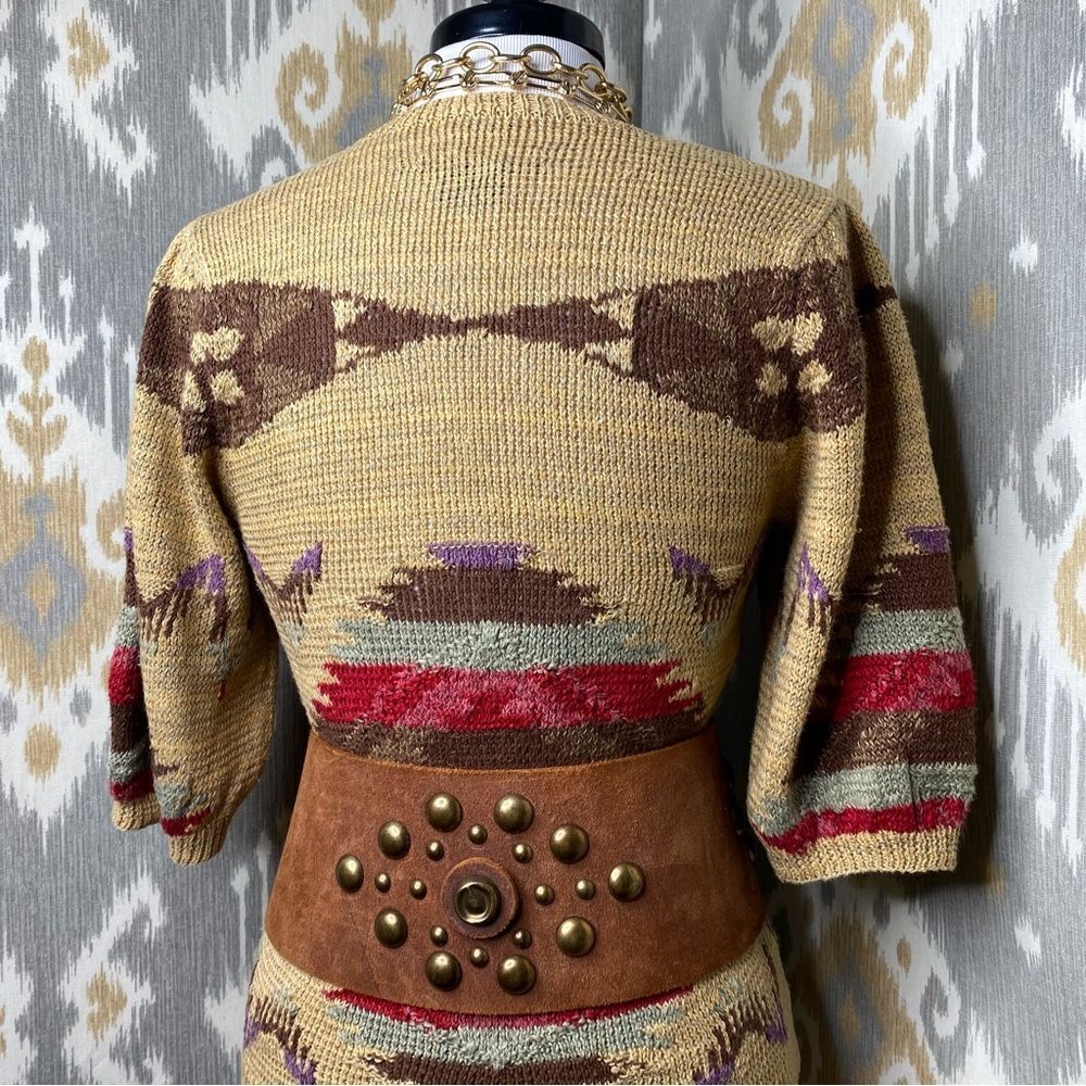 Ralph Lauren Tan Multi Southwest Aztec Hand-Knit Linen Silk V-Neck S/S Sweater - Picture 16 of 16